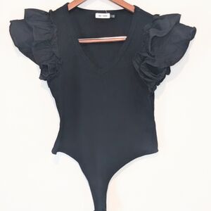 Day+Moon Black Ruffled Sleeve Ribbed Bodysuit M